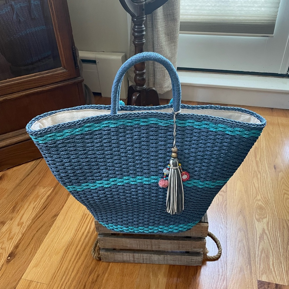 Blue and Teal Woven Beach Tote Bag